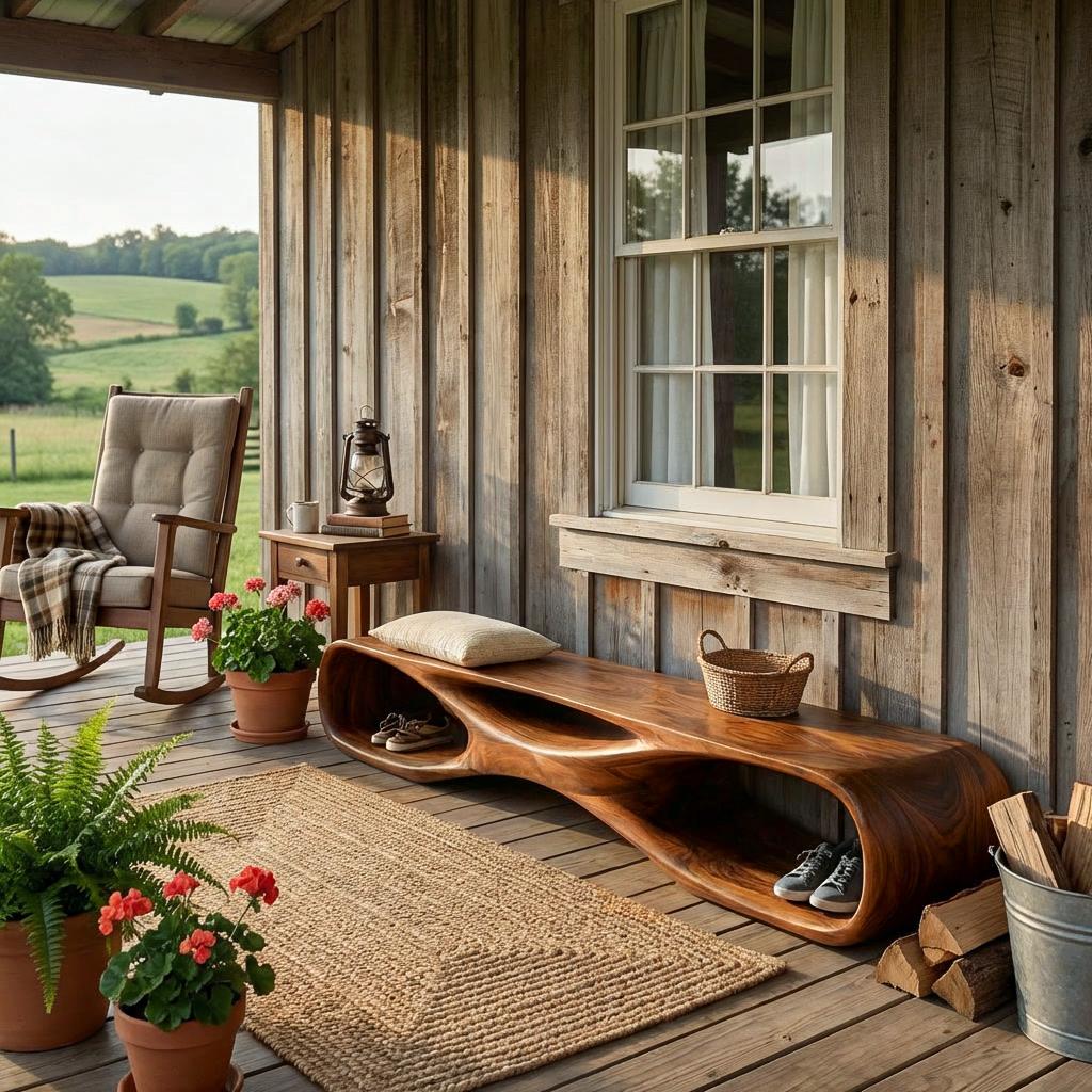 Artistic Wooden Bench, Organic Curved Shape Solid Wood Entryway Bench Seat Accent Furniture for Living Room