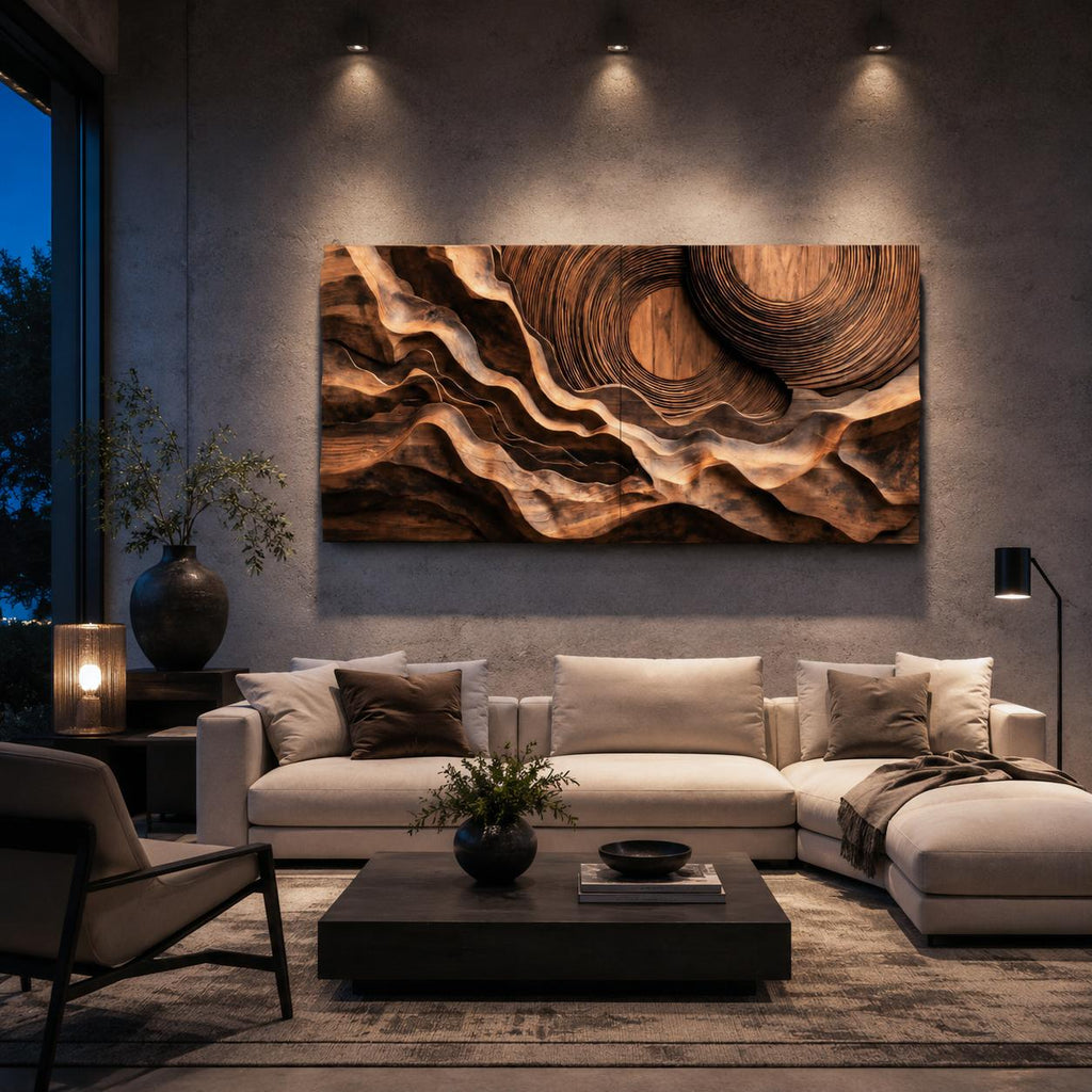 Abstract Sculptural Wood Wall Art, Concentric Circles Handcrafted Solid Wood Wall Hanging for Living Room & Bedroom