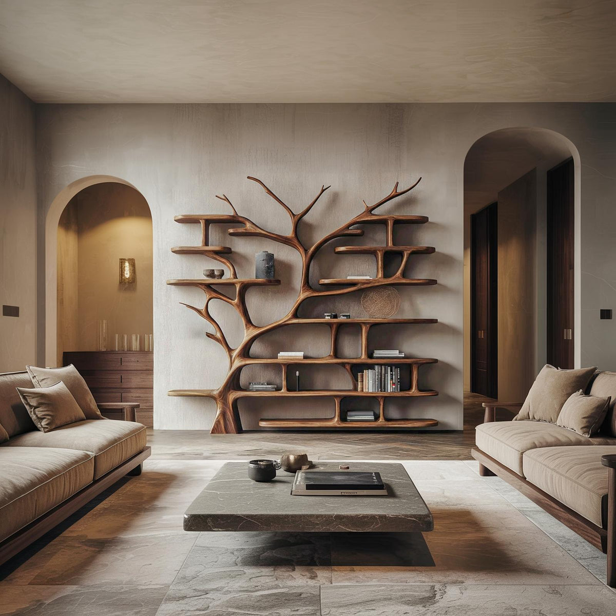 Rustic Tree Bookshelf Storage Tower, Wooden Branch Book Display Stand for Living Room & Office