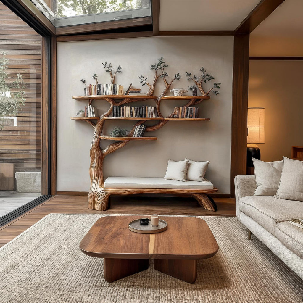 Sculptural Tree Bookshelf Bench Living Room Interior Integrated Display