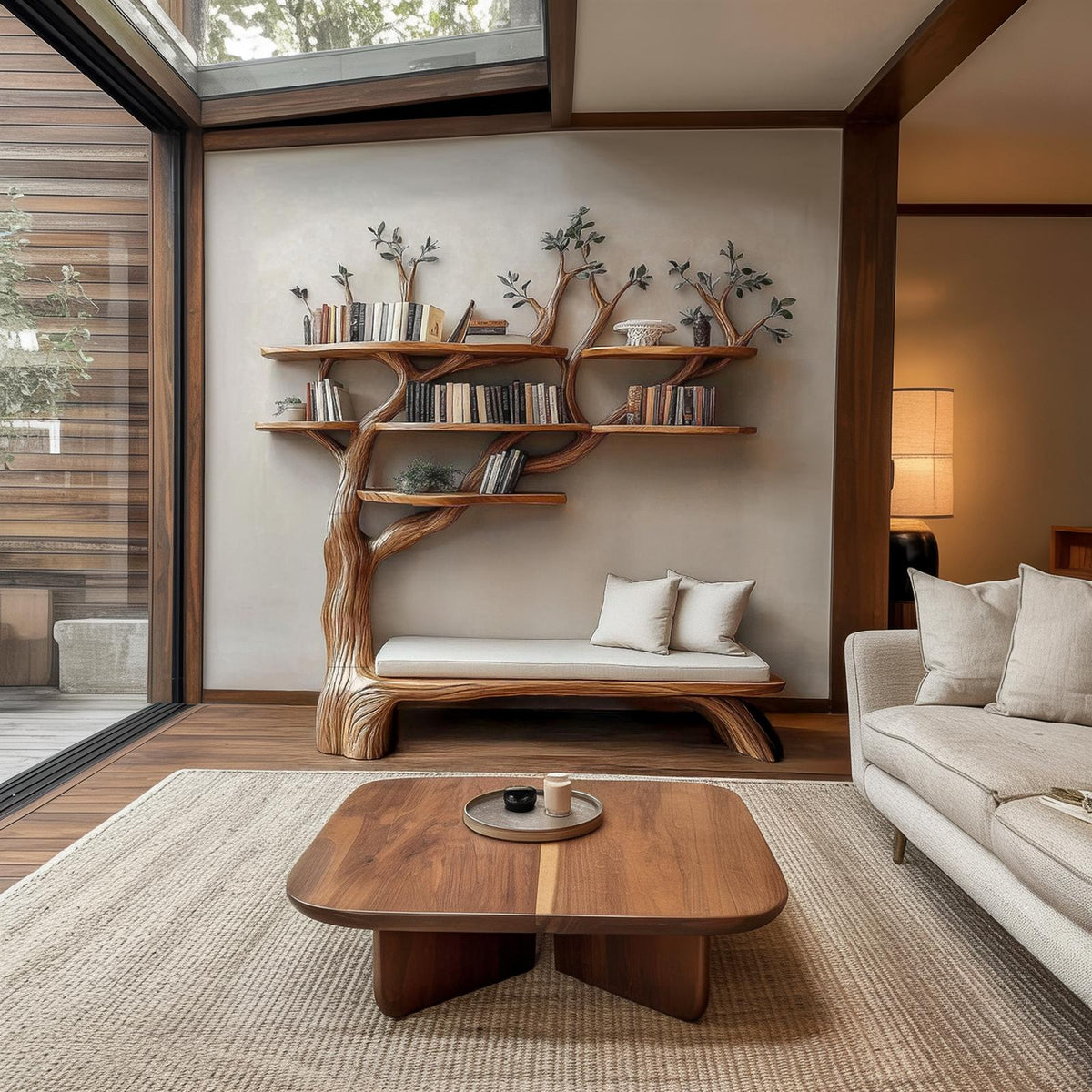 Sculptural Tree Bookshelf Bench Living Room Interior Integrated Display