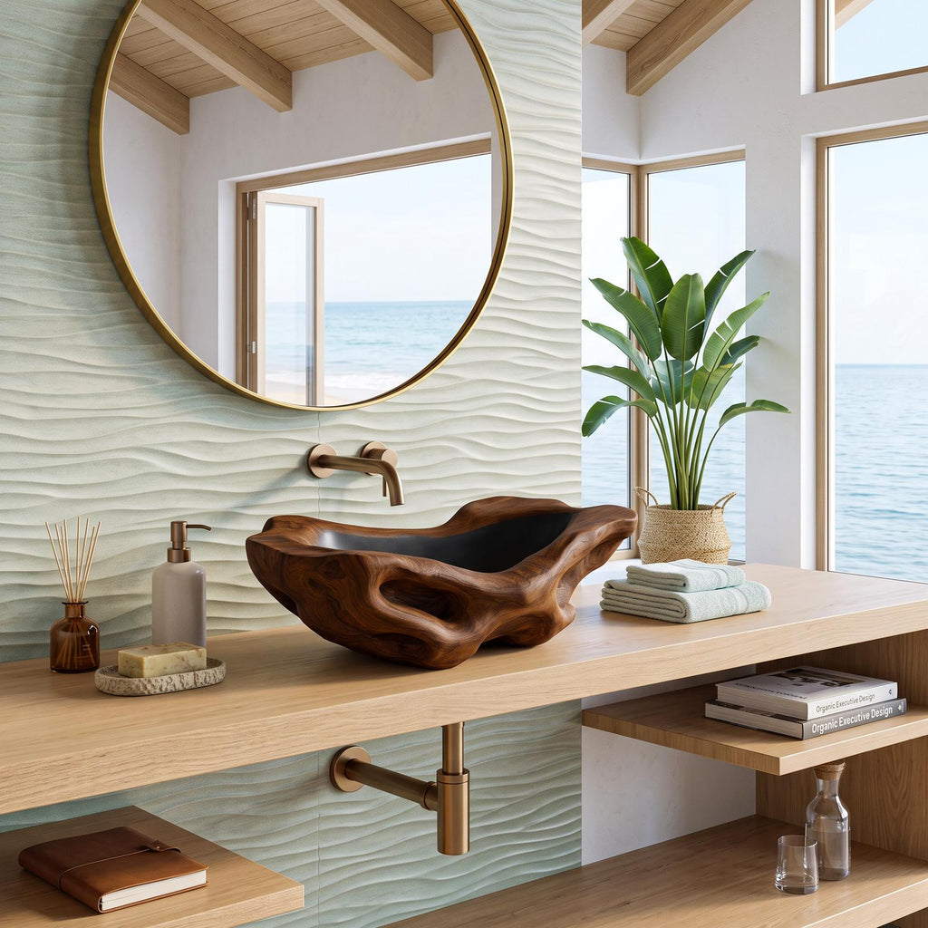 Rustic Wood Wash Basin, Handcrafted Natural Live Edge Wooden Vessel Sink for Vintage Farmhouse Bathroom Vanity