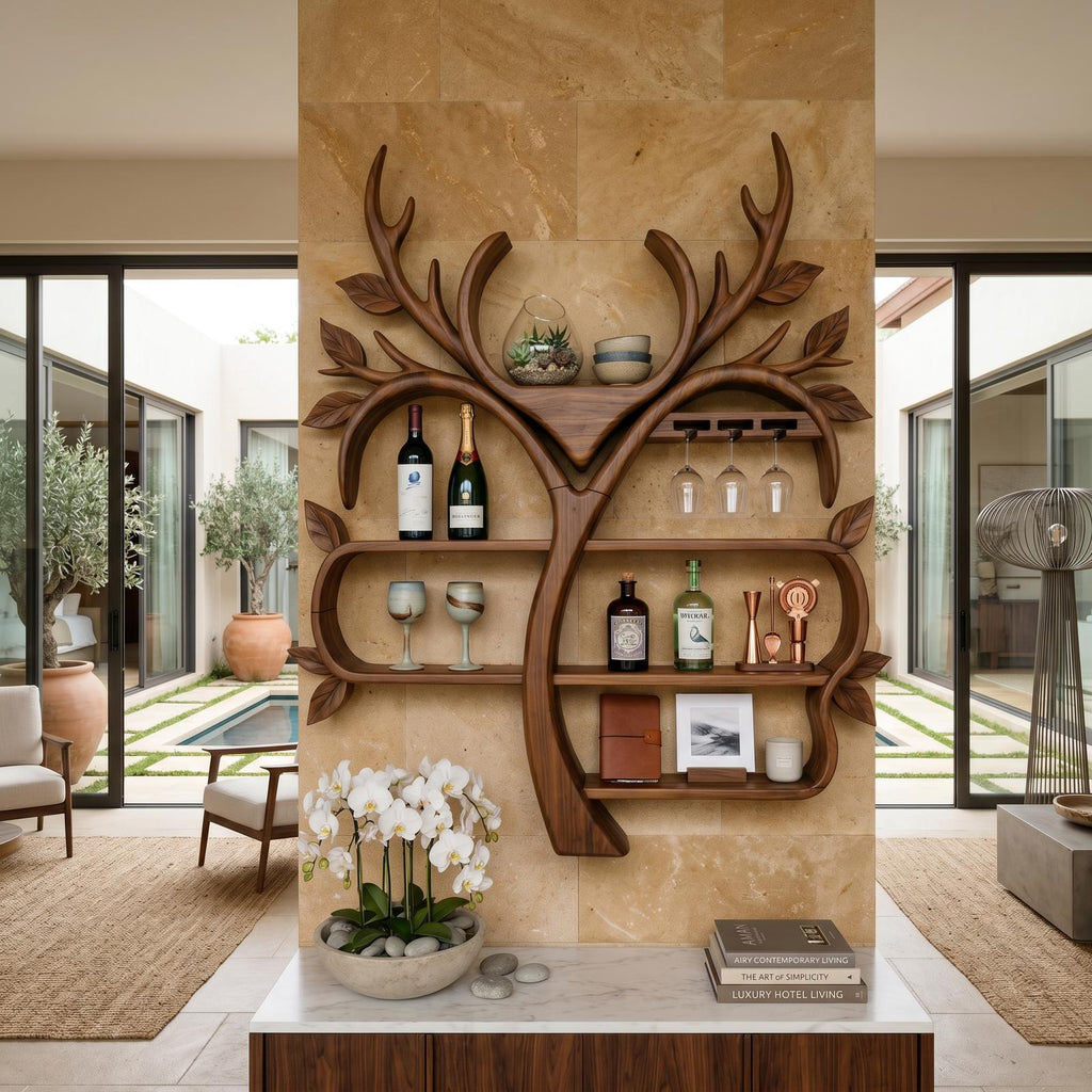 Resort Style Tree Inspired Wine Bar Shelf For Living Room