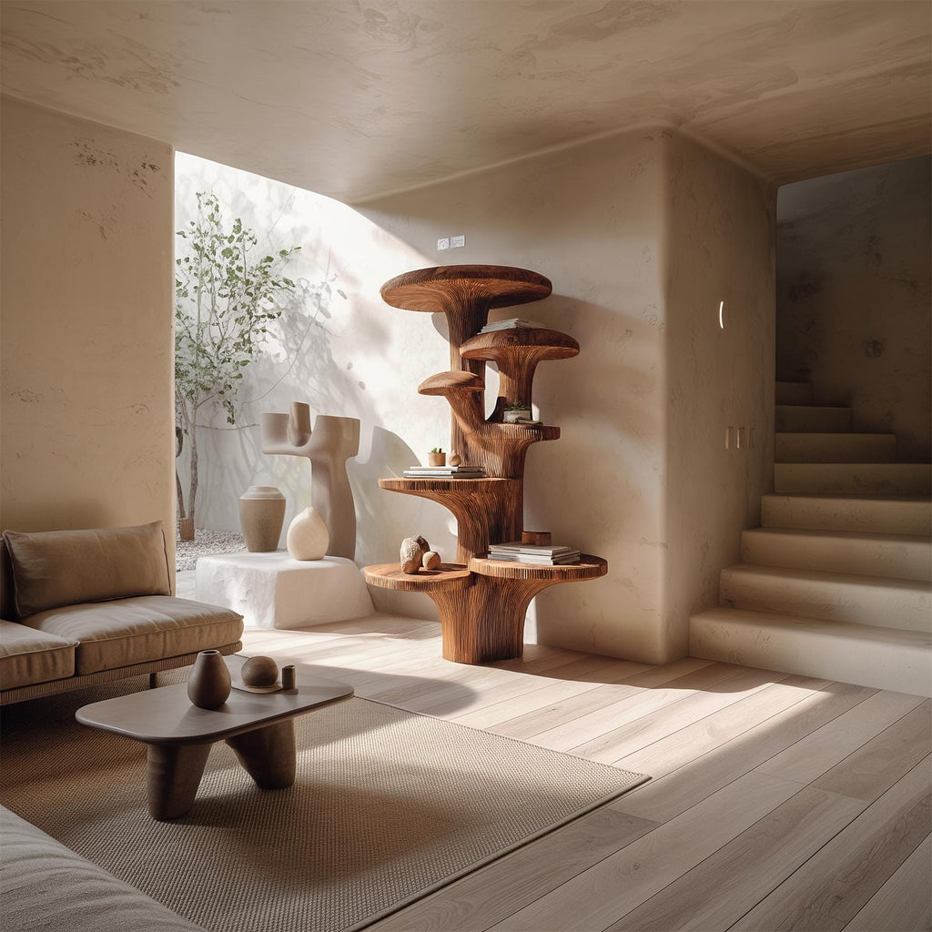Nature Mushroom Inspired Wood Tree Accent Shelf, Handcrafted Floating Branch Wall Display for Living Room Gallery