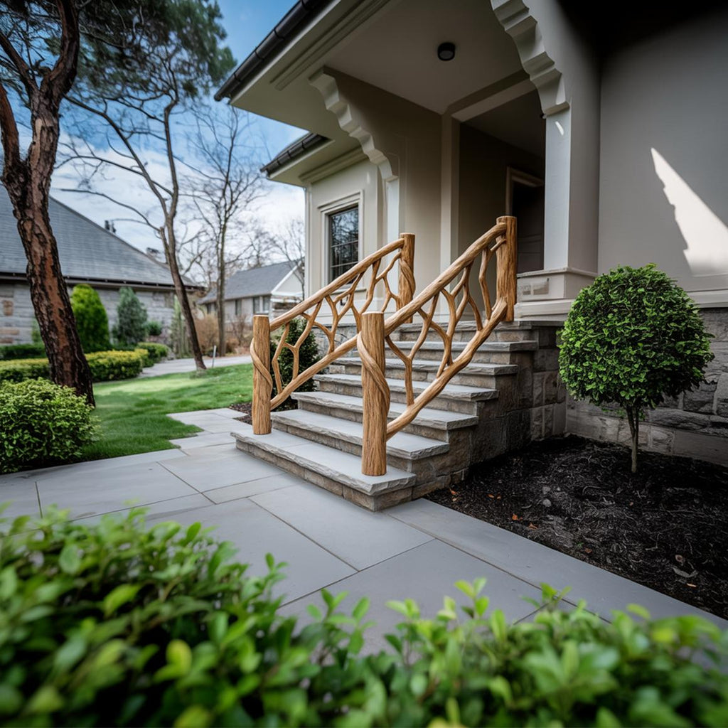 Rustic Stair Wooden Railing For Outdoor Stair Or Entryway