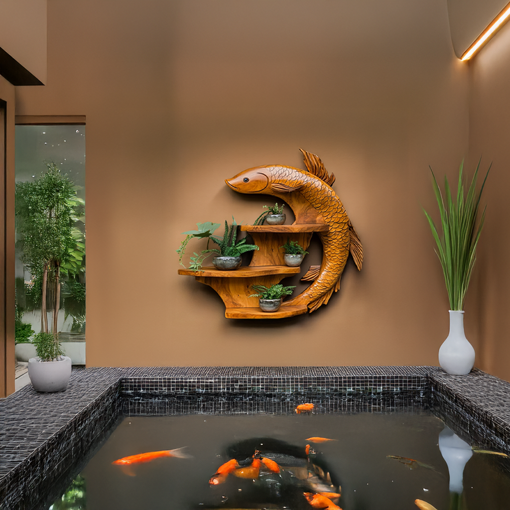 Zen Koi Fish Wall Display Shelf, Handcrafted Wood Floating Shelf for Asian-Inspired Living Room & Office Wall Decor