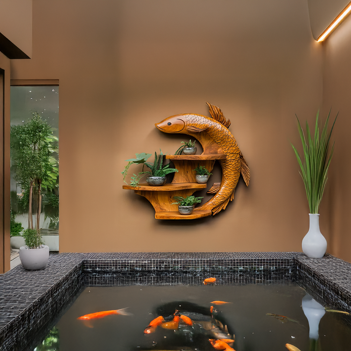 Zen Koi Fish Wall Display Shelf, Handcrafted Wood Floating Shelf for Asian-Inspired Living Room & Office Wall Decor