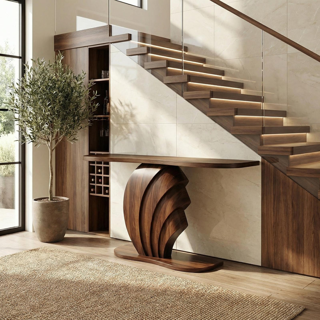 Modern Sculptural Console Table, Solid Wood Accent Sofa Table for Living Room & Entryway