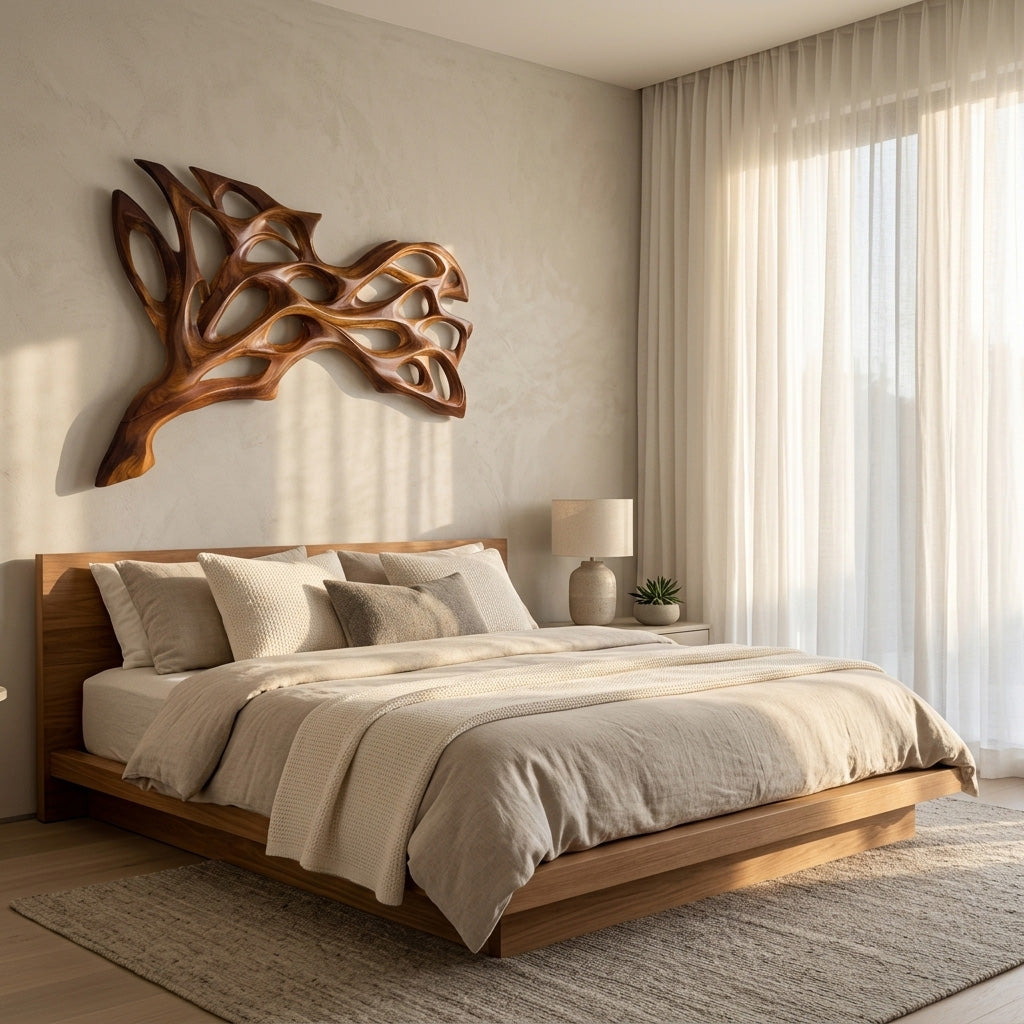 Abstract Natural Wood Wall Art, Hand Carved 3D Curved Wave Wooden Sculpture Panel Decor for Modern Home