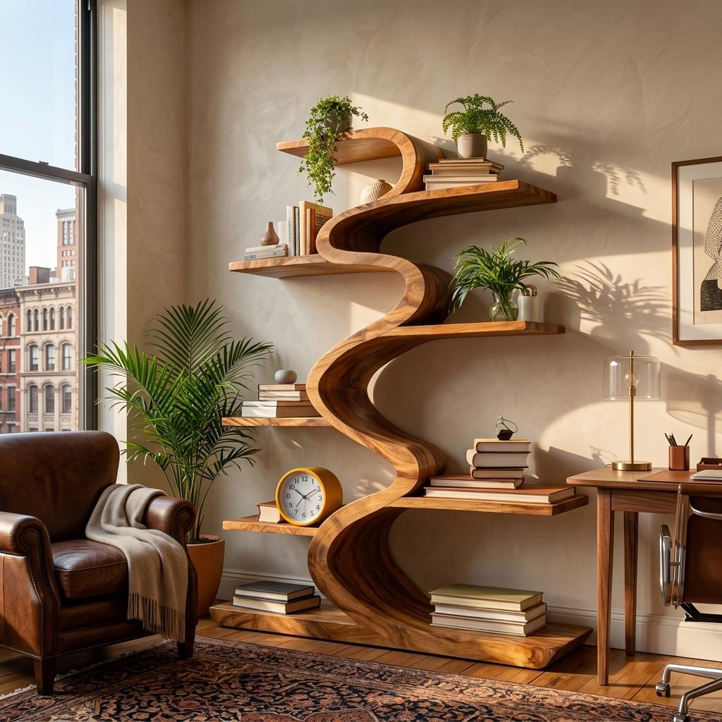Modern Wooden Bookshelf with Flowing Form, Handcrafted Solid Wood Bookcase for Living Room & Home Library Display