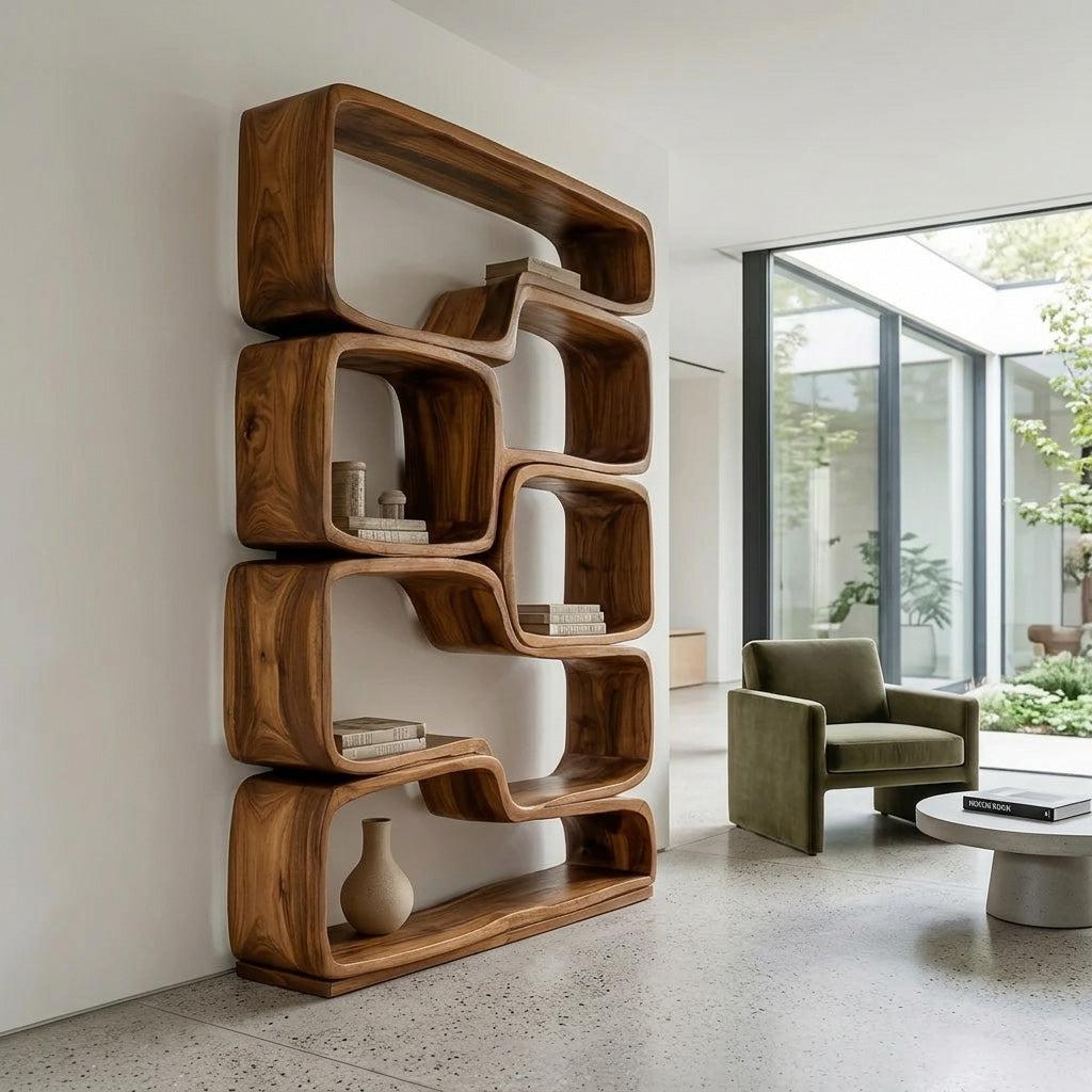 Contemporary Sculptural Natural Wood Bookshelf, Handcrafted Solid Wood Bookcase for Modern Living Room & Office