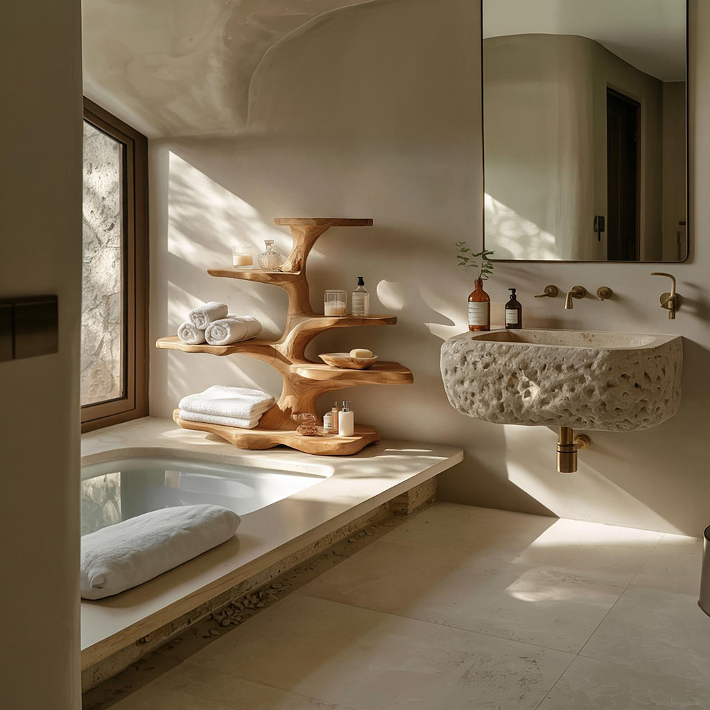 Organic Freestanding Tree Shelf For Bathroom Storage And Interior Decor