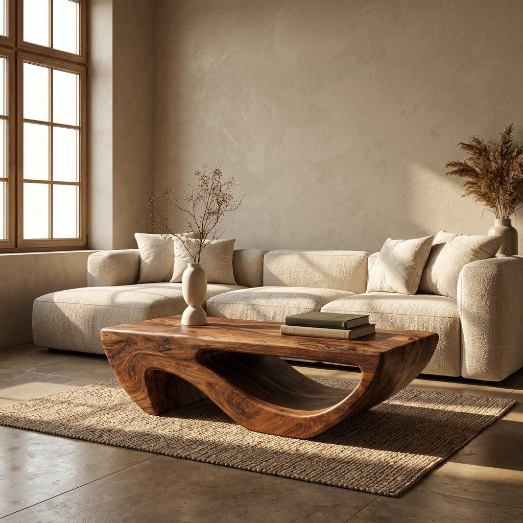 Modern Wooden Coffee Table with Open Storage Shelf, Minimalist Rectangular Center Table, Model