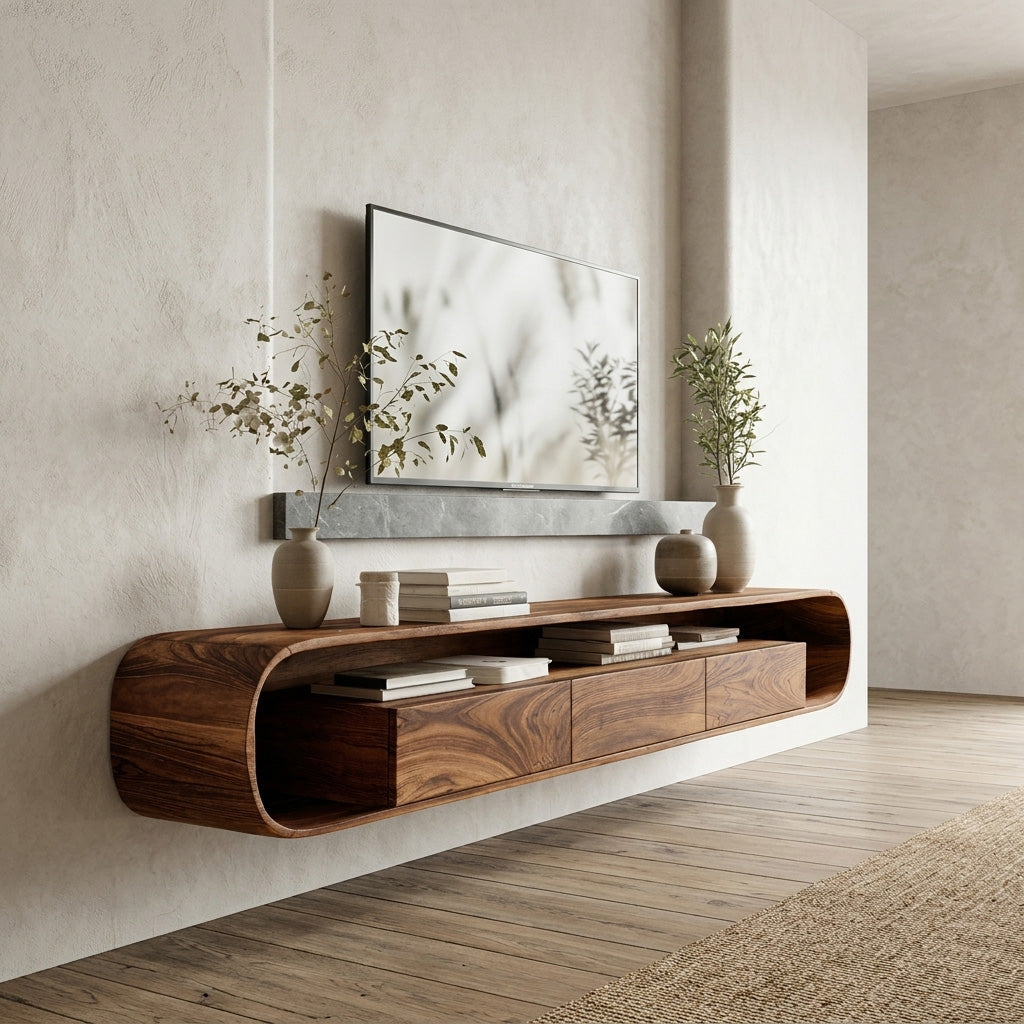 Organic Modern Floating TV Console, Wall Mounted Solid Wood Media Console Unit for Living Room