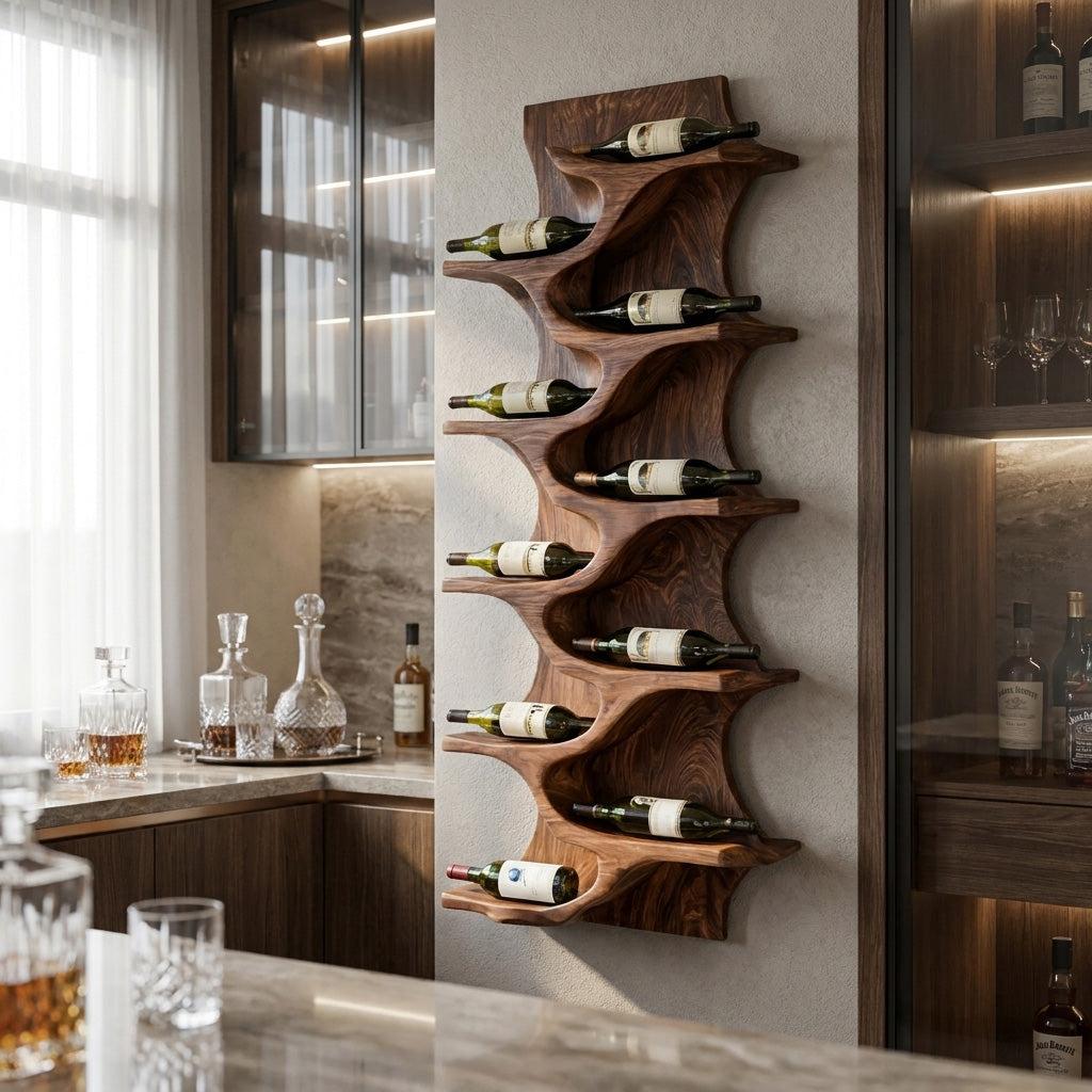 Rustic Natural Solid Wood Wine Rack, Handcrafted Wall Mounted Storage Shelf for Home Bar & Kitchen