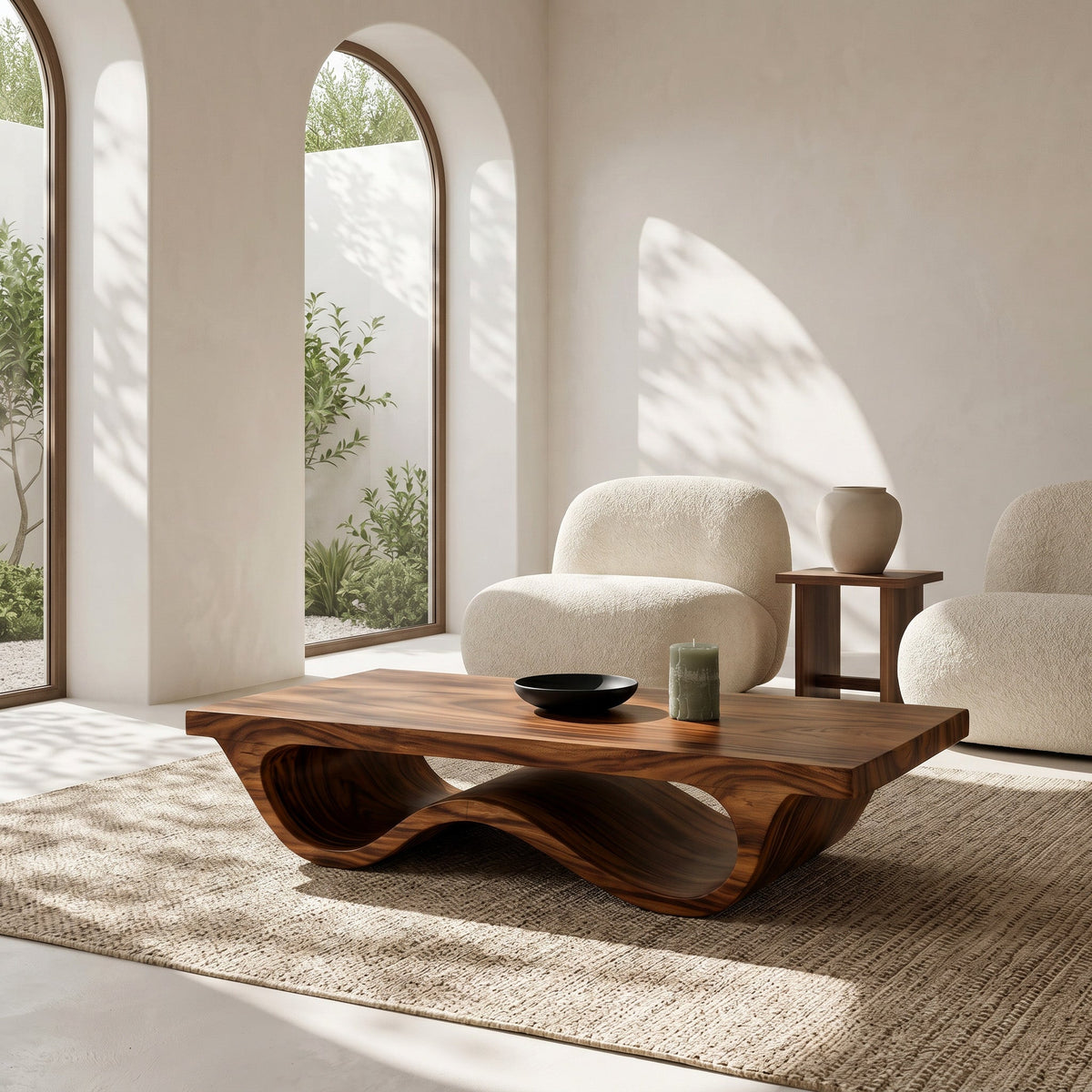 Contemporary Coffee Table, Curved Leg Pedestal Solid Wood Cocktail Table for Modern Living Room & Lounge