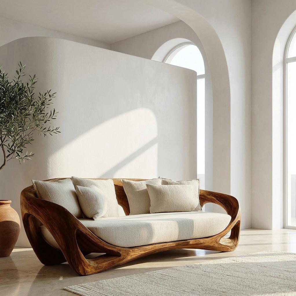 Contemporary Organic Wood Sofa, Modern Designer Couch Loveseat Settee, Timber Lounge Seating for Living Room