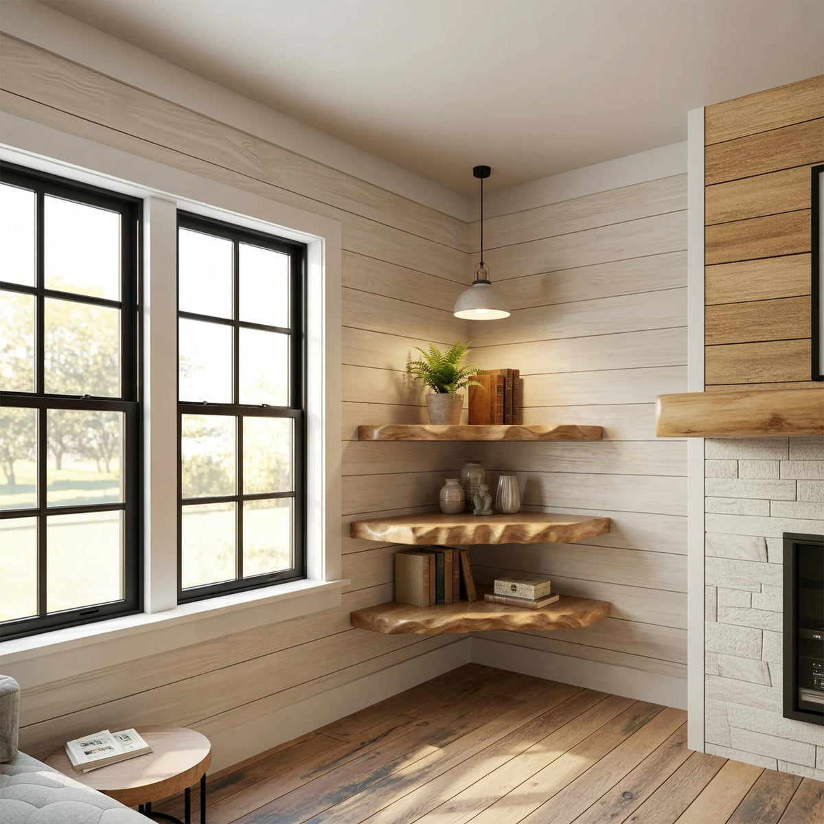 Rustic Floating Corner Display Shelf, Solid Wood Wall Mounted Storage for Living Room & Lounge