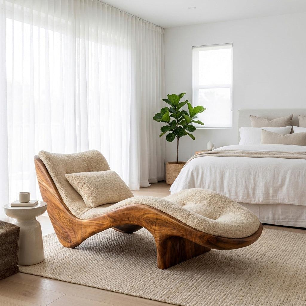 Organic Modern Natural Wood Lounge Chair, Relaxing Reading Nook Armchair, Contemporary Accent Seating for Home