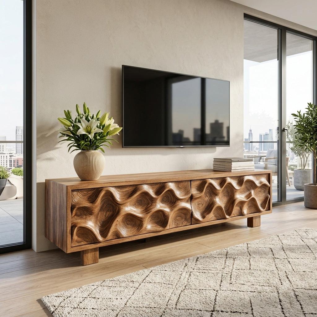 Hand-Carved TV Stand, Artistic Wave Design Solid Wood Media Entertainment Console Table for Modern Living Room