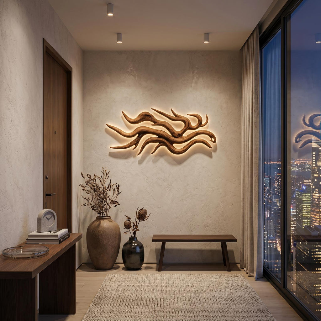 Artistic Wooden Wall Light with Flowing Root Design, Sculptural Rustic Sconce for Accent Bedroom Decor, Model