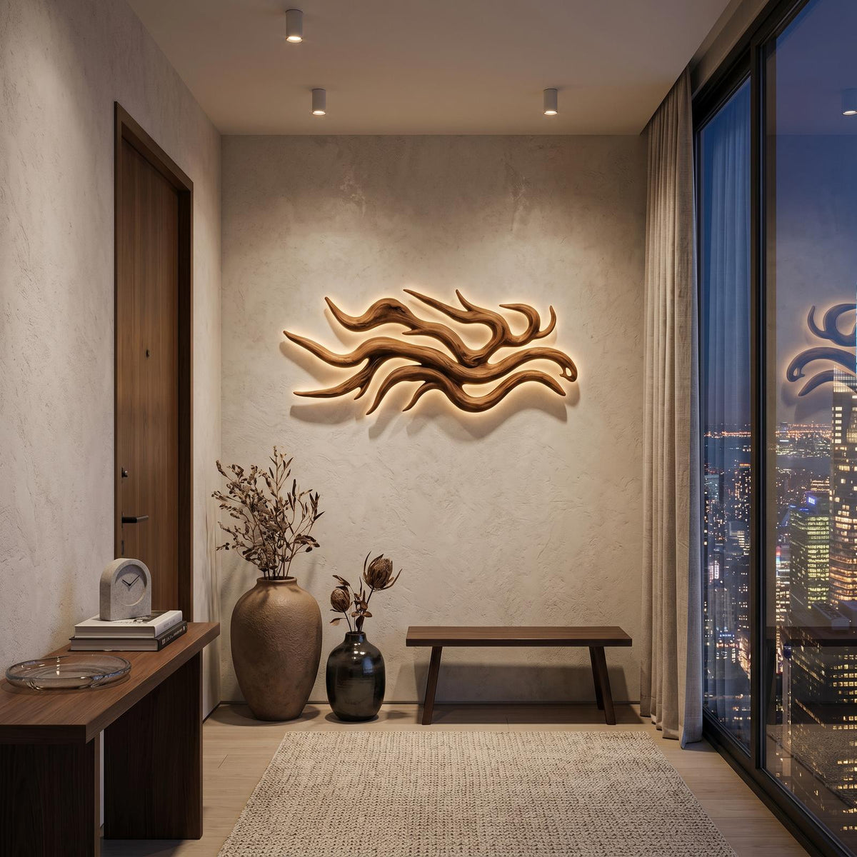 Artistic Wooden Wall Light with Flowing Root Design, Sculptural Rustic Sconce for Accent Bedroom Decor, Model