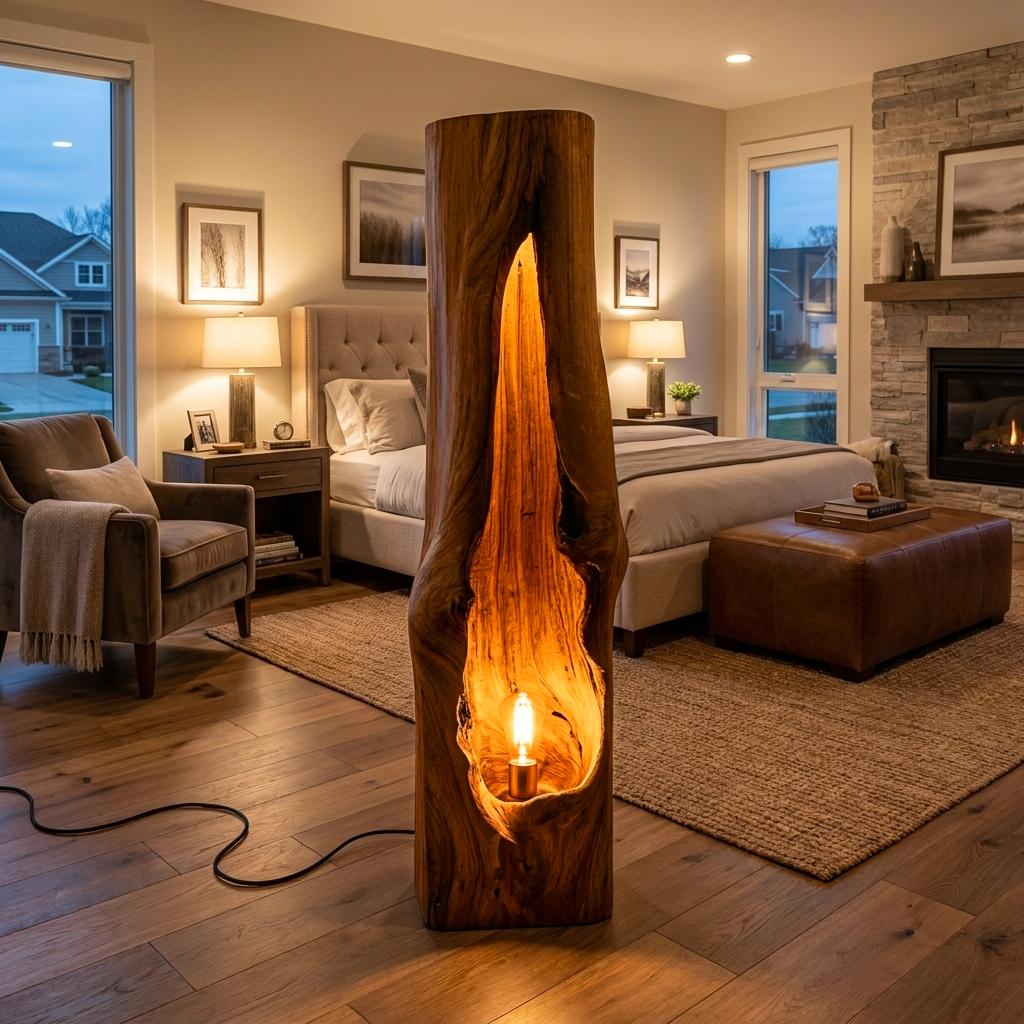 Rustic Wooden Floor Lamp, Sculptural Solid Wood Standing Accent Light with Shade for Cozy Bedroom, Model