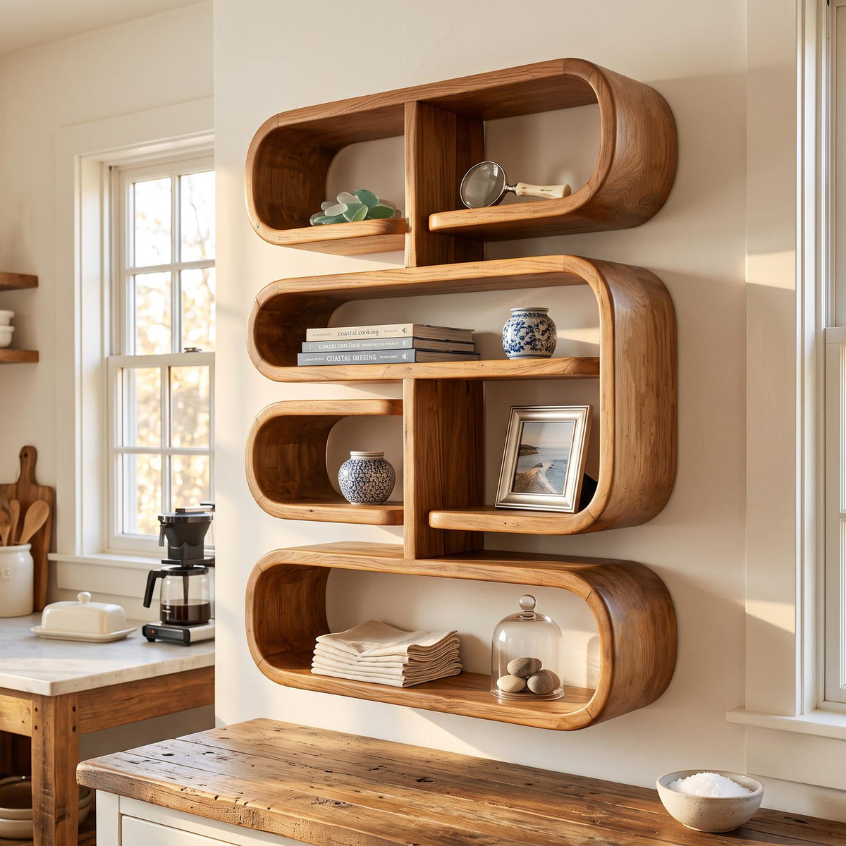 Mid-Century Live Edge Floating Shelf, Rustic Solid Wood Wall Mounted Display Shelf for Living Room