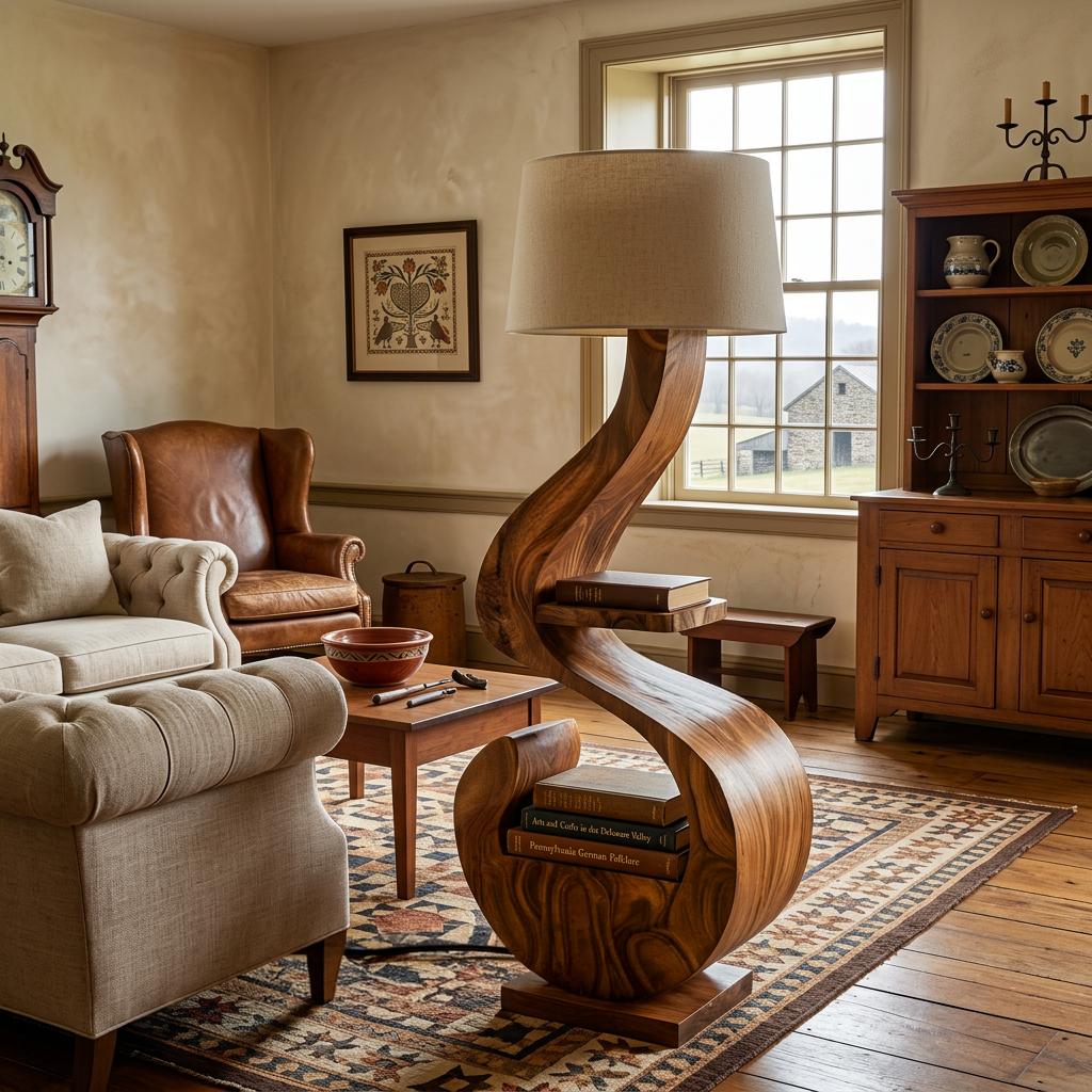 Sculptural Natural Wood Floor Lamp with Integrated Storage Shelf, Modern Standing Light for Living Room, Model