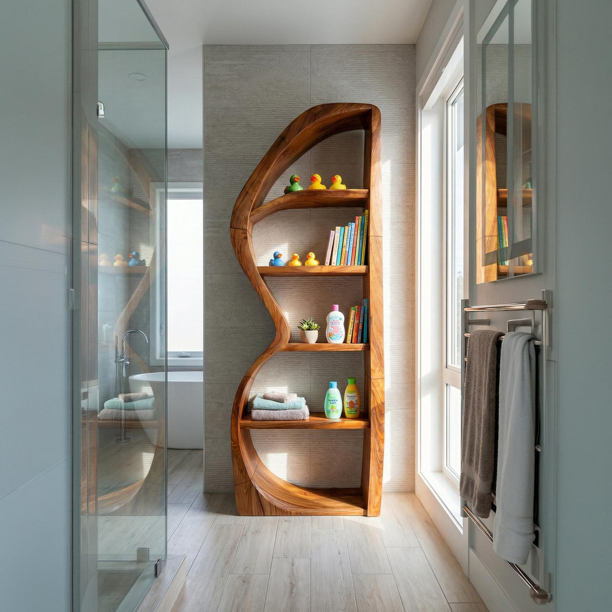 Mid-Century Modern Bookshelf, Unique Wooden Bookcase & Decorative Storage Shelves for Living Room
