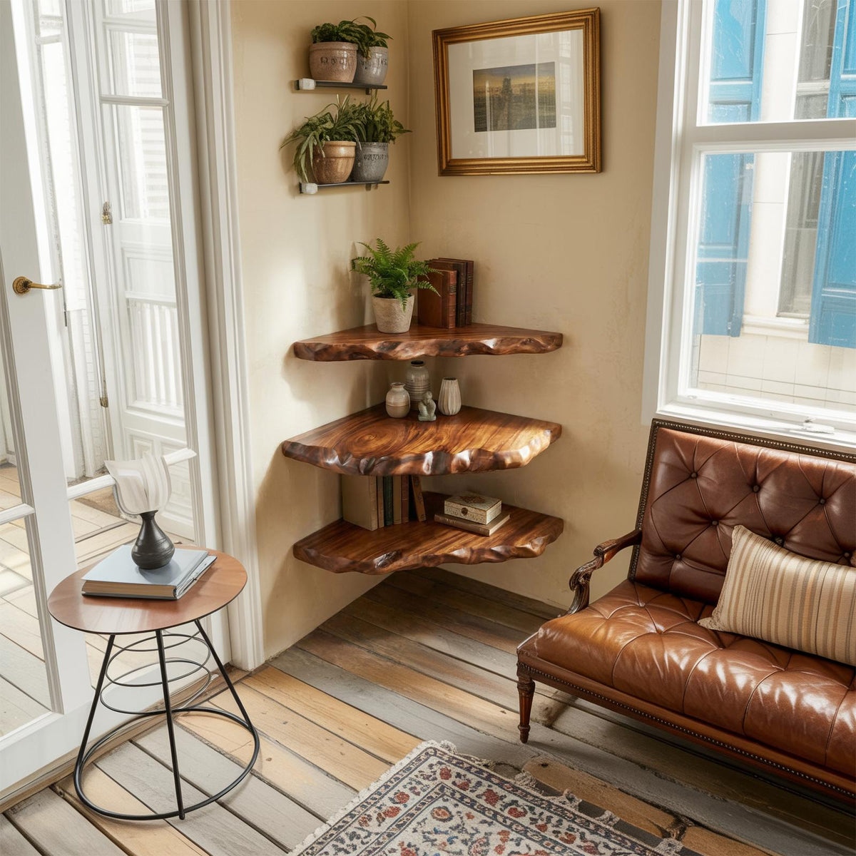 Rustic Floating Corner Shelf, Solid Wood Wall-Mounted Display Storage for Living Room