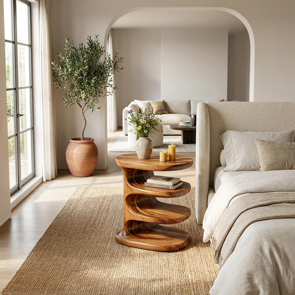 Modern Wooden Nightstand, Multi-Layer Tiered Design Bedside Side Table with Open Storage, Model