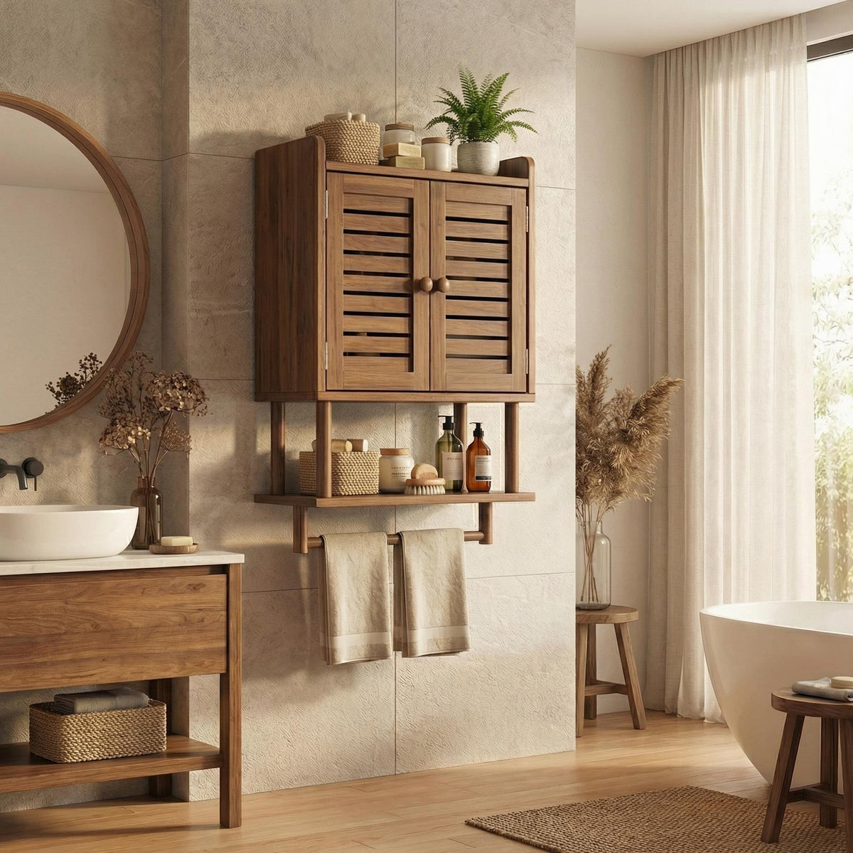 Solid Wood Bathroom Cabinet, Rustic Wall-Mounted Storage Organizer Cupboard for Bathroom Space