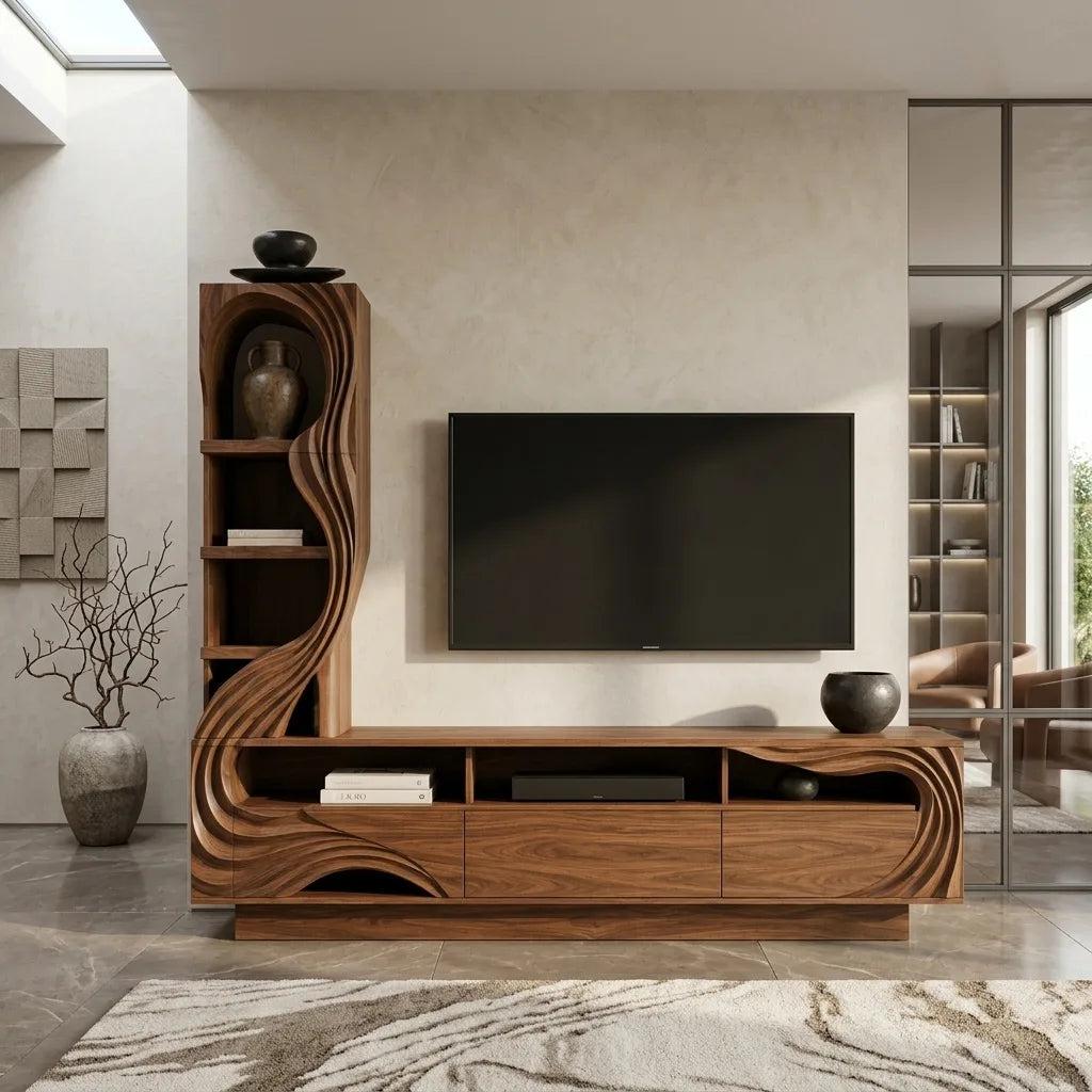 Modern Sculptural Wooden TV Console With Storage For Living Room