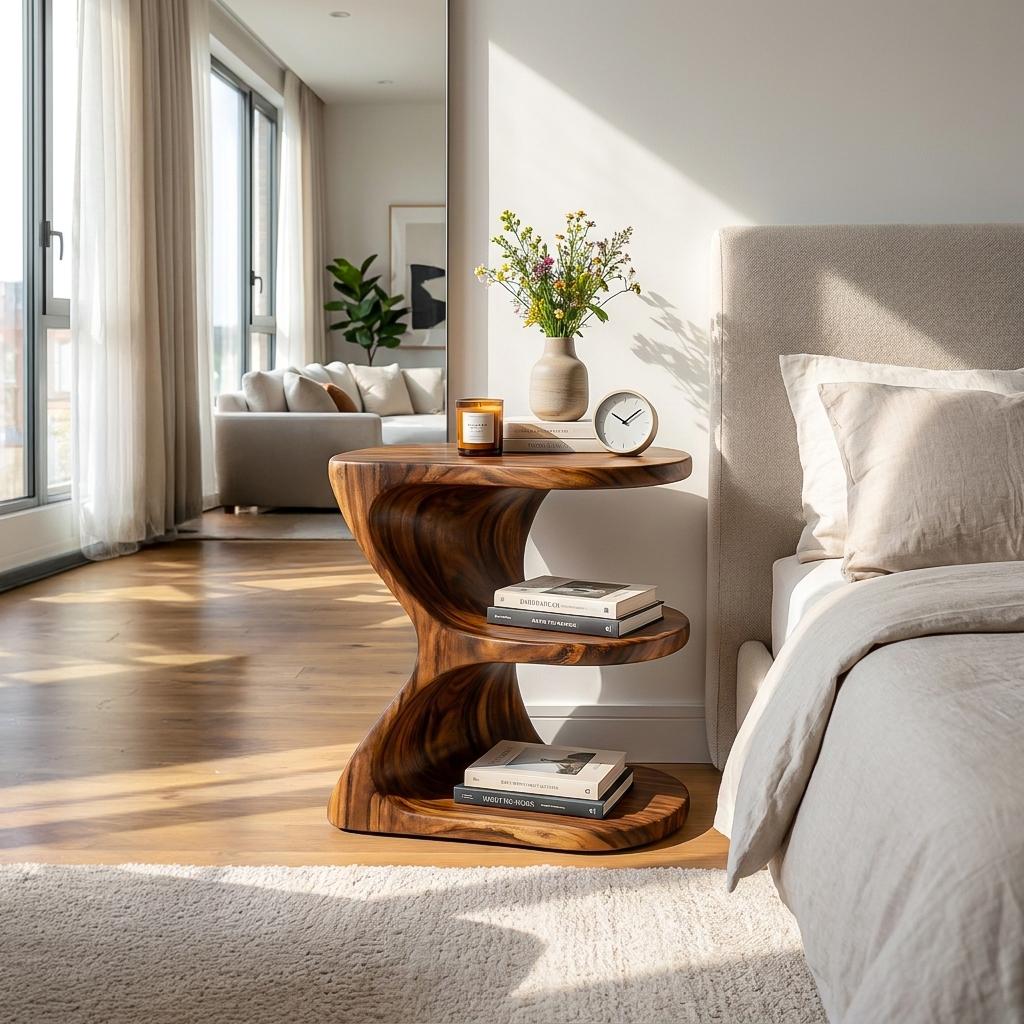 Modern Natural Wood Nightstand, Unique E-Shape Bedside Table with Open Shelves for Bedroom, Model