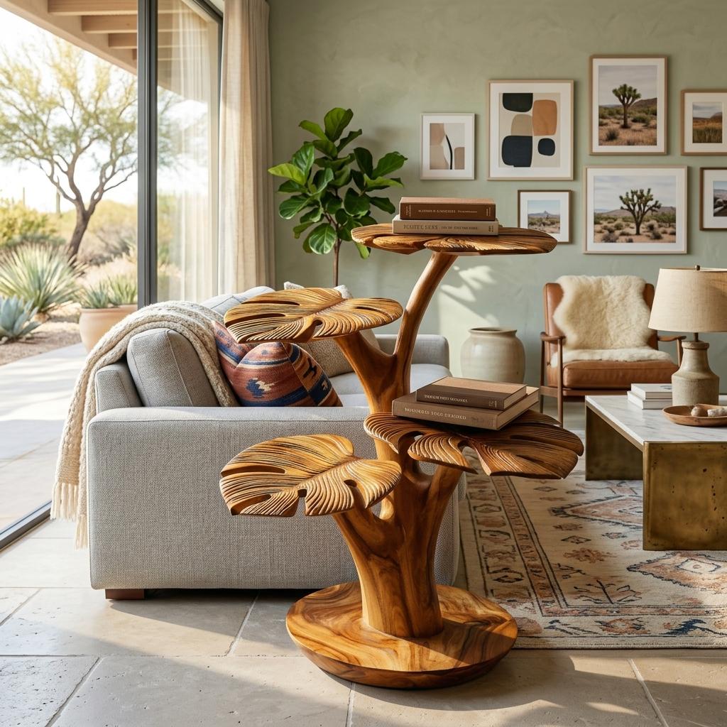 Organic Wooden Side Table with Multi-branched Tabletop, Handcrafted Solid Wood End Table for Living Room, Model