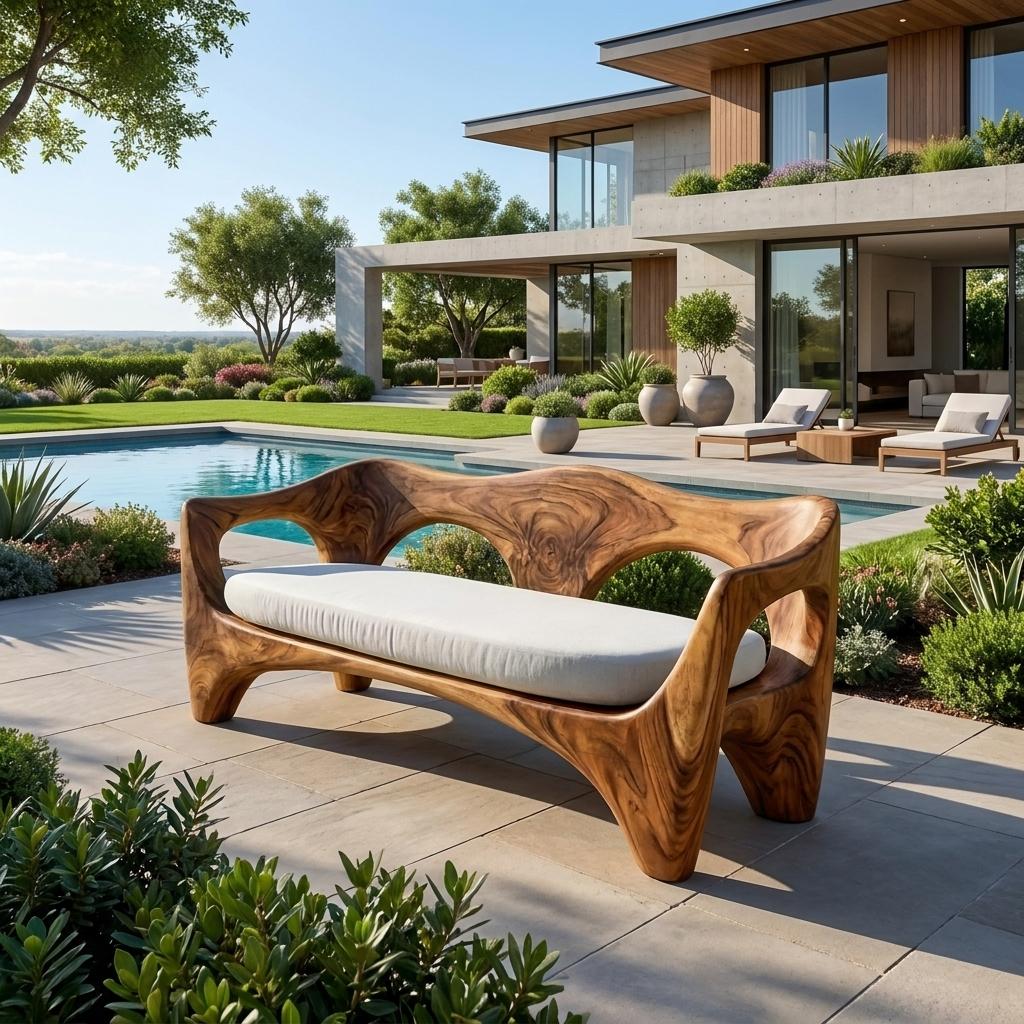 Mid-Century Modern Wooden Sofa with Sculptural Frame, Handcrafted Solid Wood Patio & Living Room Couch, Model
