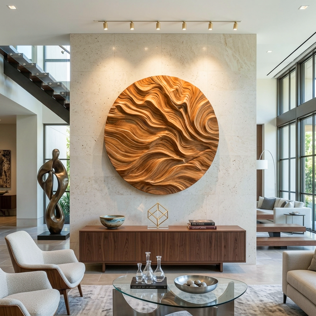 Round Carved Wood Wall Sculpture, 3D Abstract Mandala Style Circular Wood Panel Art for Living Room