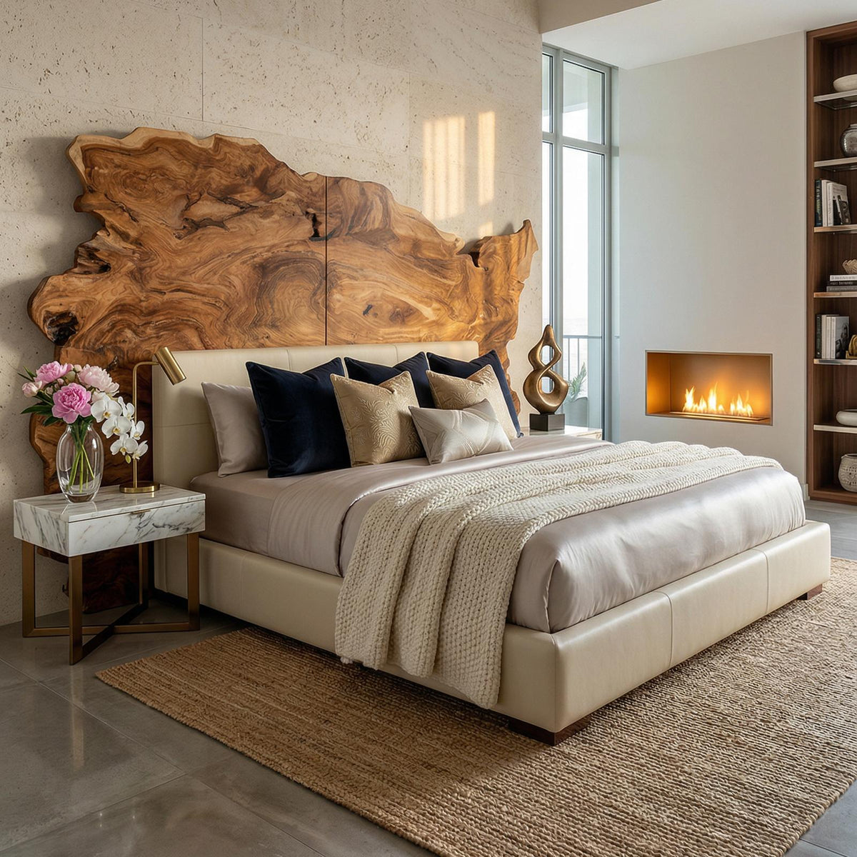 Organic Natural Live Edge Wood Headboard, Handcrafted Teak Wooden Headboard Panel for Minimalist Japandi Bedroom Decor