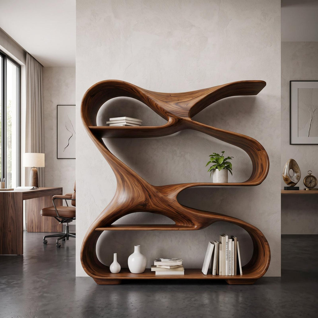 Modern Sculptural Wooden Bookshelf For Living Room Or Office Display