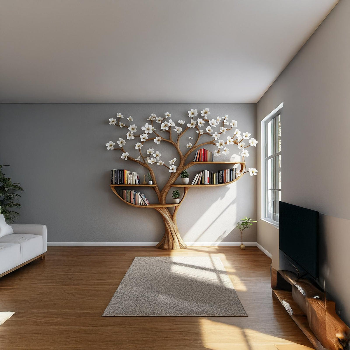 Rustic Tree Shaped Wood Bookshelf, Flower Design Branch Bookcase & Storage Organizer for Living Room, Bedroom
