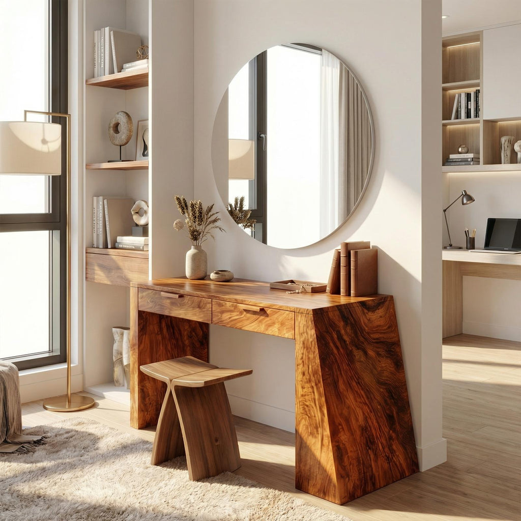 Spry Interior Industrial Makeup Vanity Desk with Mirror & Drawers, Handcrafted Wooden Dressing Table & Home Office Writing Desk, SILDTTRMV026