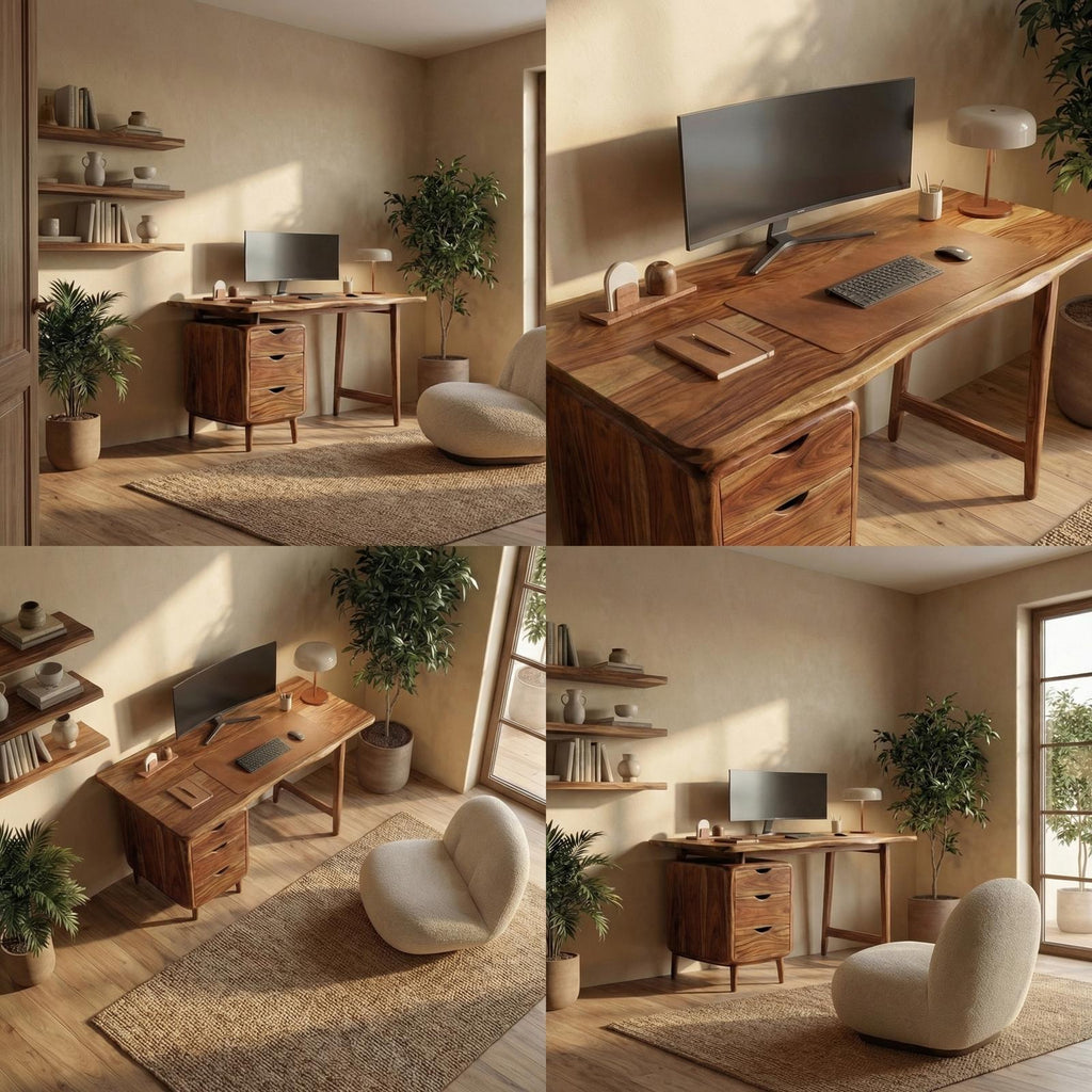 Mid Century Storage Desk, Solid Wood Computer Desk with Drawers for Home Office & Bedroom