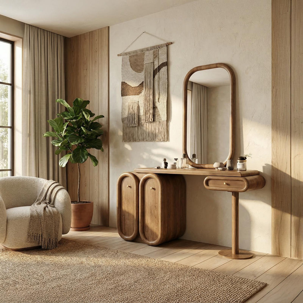 Teezano Modern Dressing Table with Storage, Solid Wood Unique Sculptural Makeup Vanity Desk for Bedroom Decor, SINLSABDT050