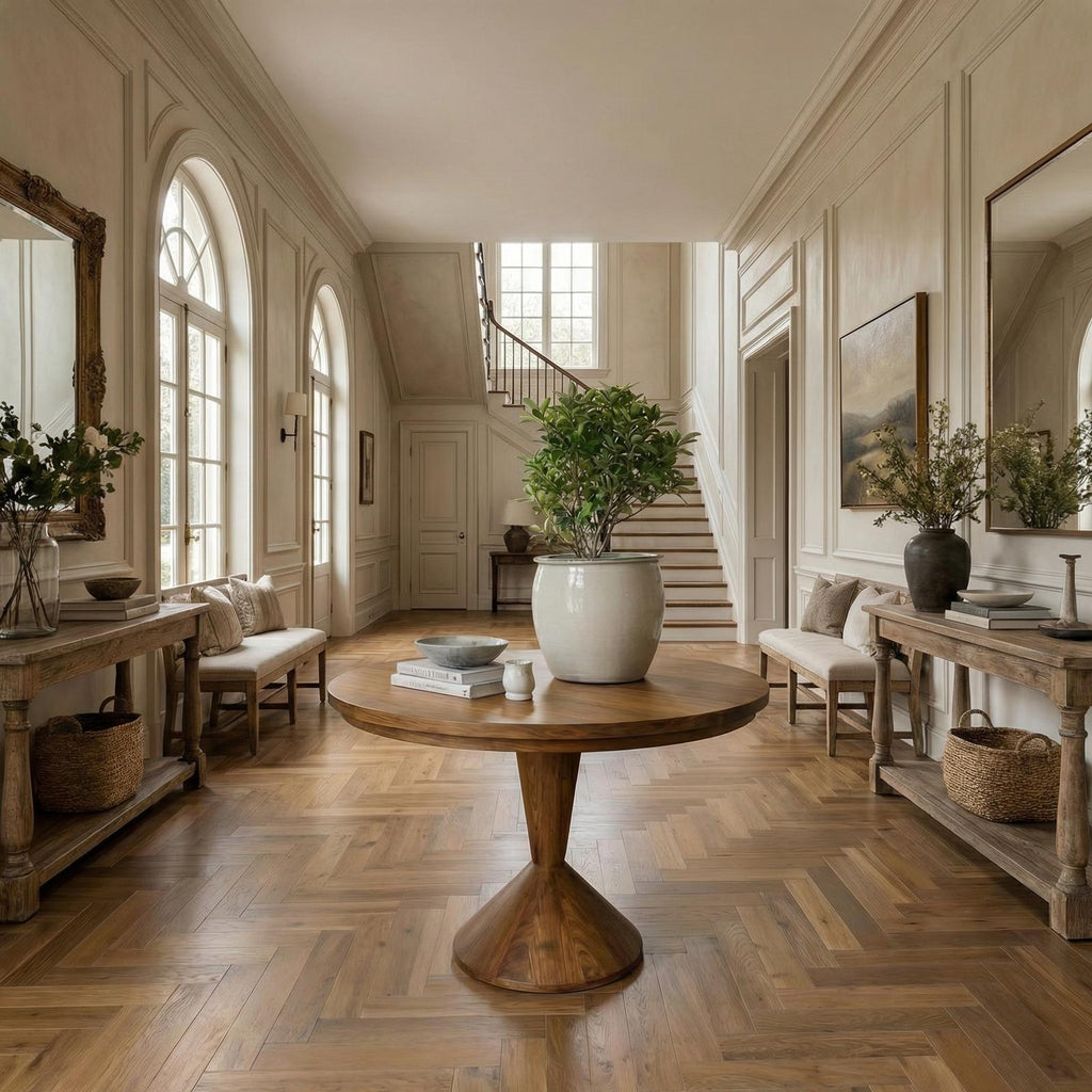 Round Entryway Center Table, Modern Wood Pedestal Foyer Table for Living Room, Foyer & Staircase