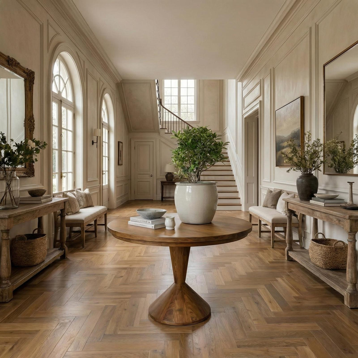 Round Entryway Center Table, Modern Wood Pedestal Foyer Table for Living Room, Foyer & Staircase