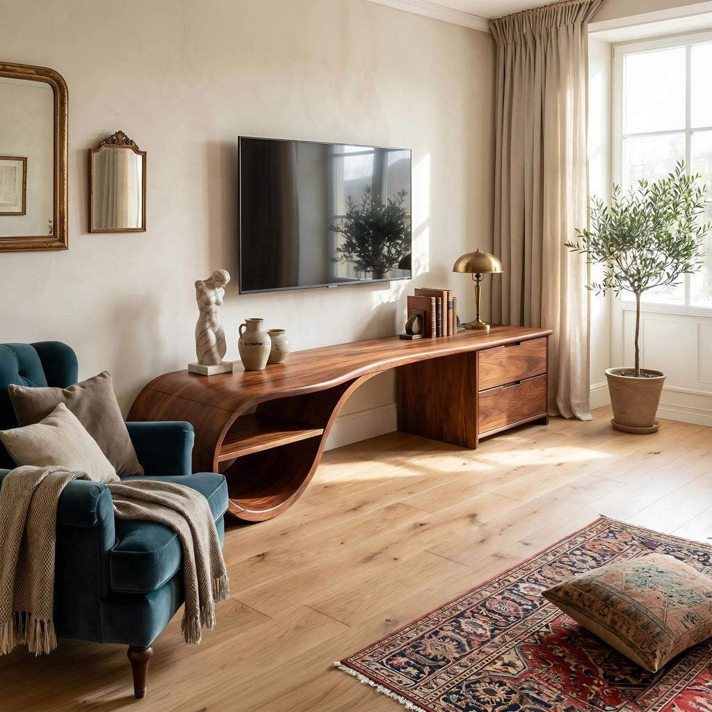 Scandinavian Organic Wood TV Console, Modern TV Stand and Entertainment Center Cabinet for Living Room