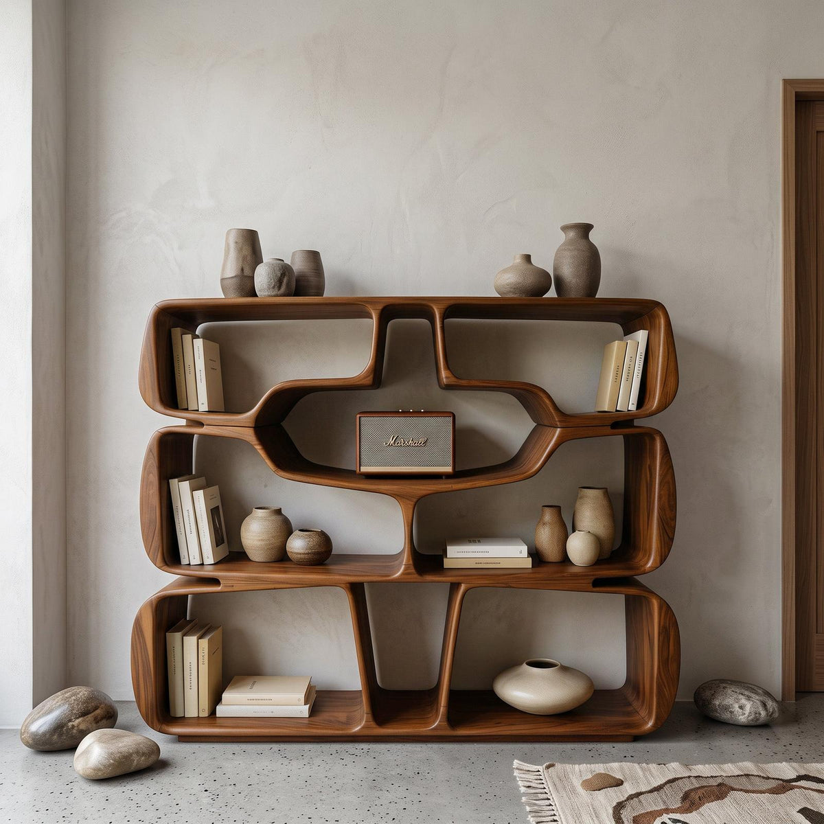 Modern Sculptural Bookshelf with Organic Curves, Handcrafted Solid Wood Standing Bookcase for Living Room & Office