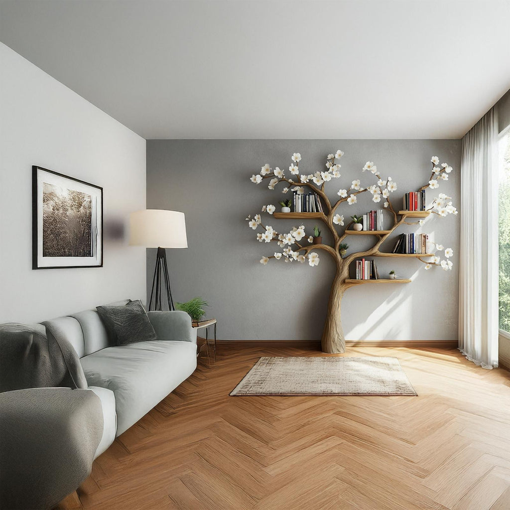 Rustic Flower Tree Wood Bookshelf, Floating Branch Shelf & Wall Display Storage Organizer for Living Room, Bedroom