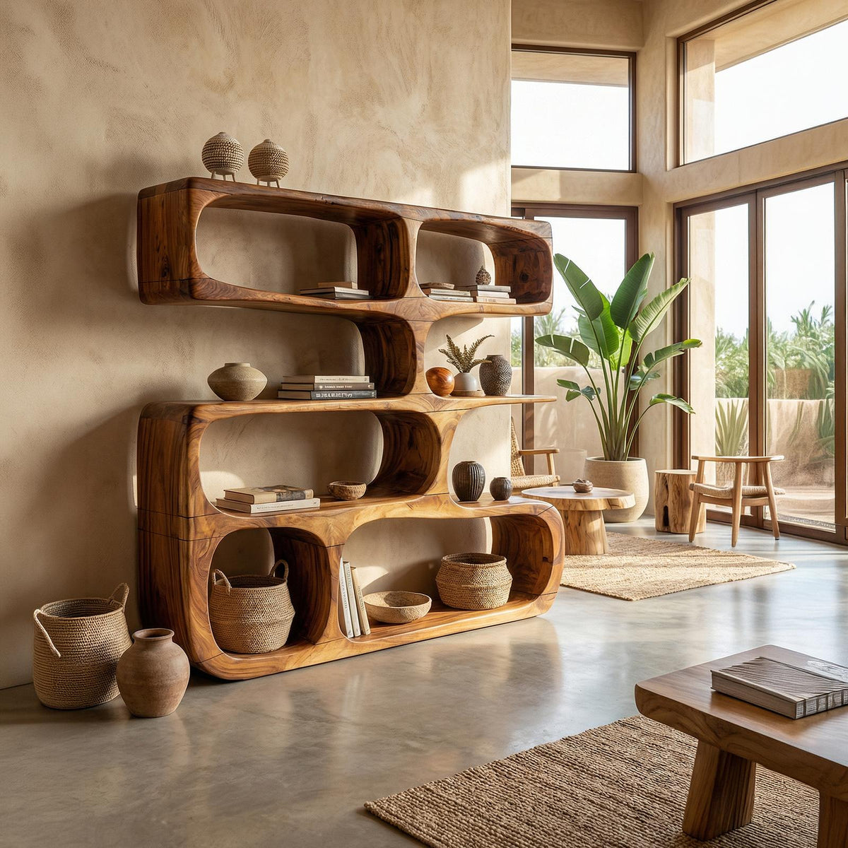 Minimalist Modern Sculptural Bookshelf, Abstract Wood Bookcase Display Stand for Living Room Art